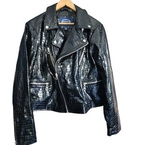 Womens L Scoop Black Faux Crocodile-Embossed Grunge Biker Jacket